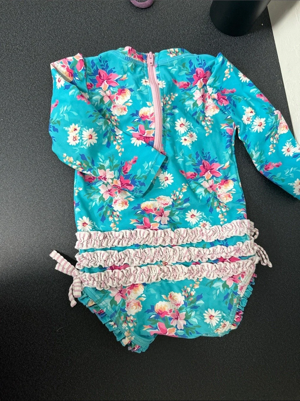 Ruffle Butts Turquoise Floral Long Sleeve One-Piece Swimsuit